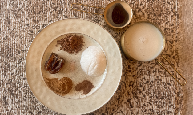 Earthy styled mushroom coffee recipe photo with cacao, collagen, Medjool dates, and neutral toned kitchen aesthetic.