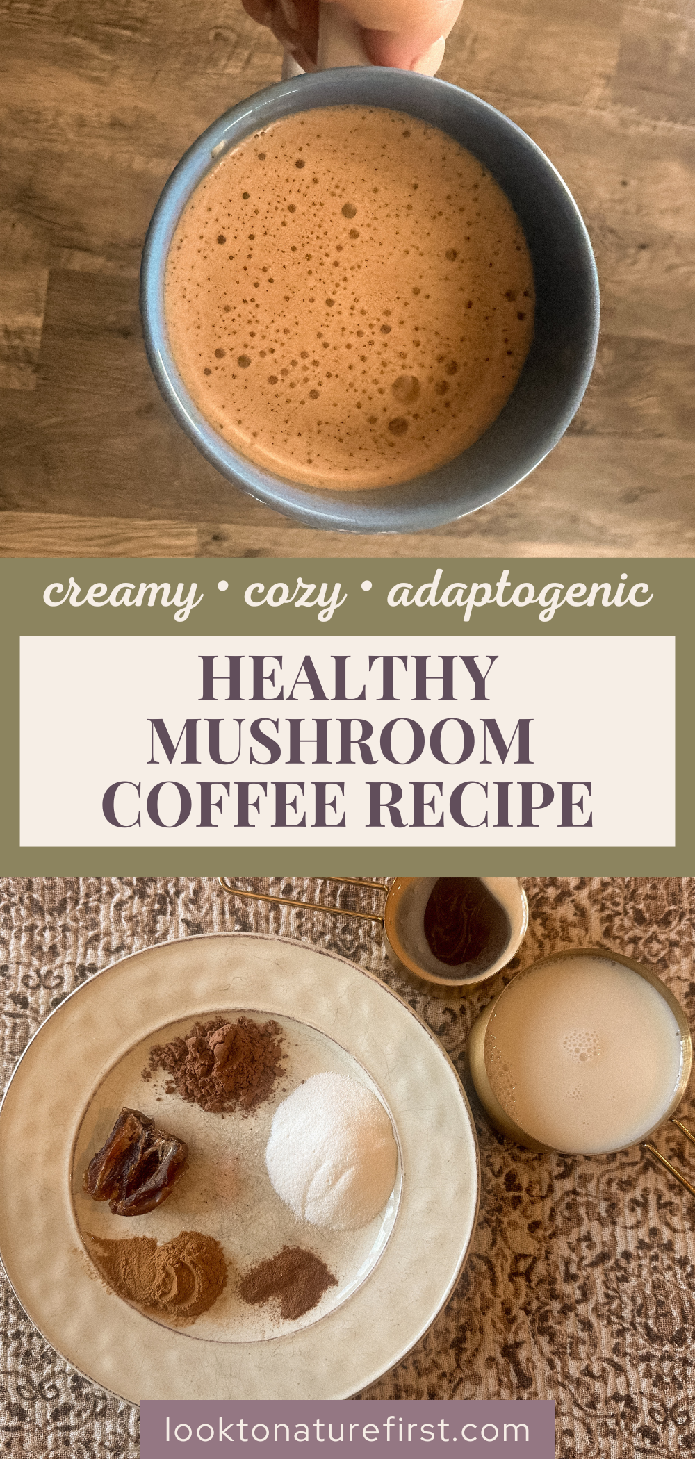 Healthy homemade mushroom latte blended with cacao and Ceylon cinnamon in a rustic mug on a wooden table.