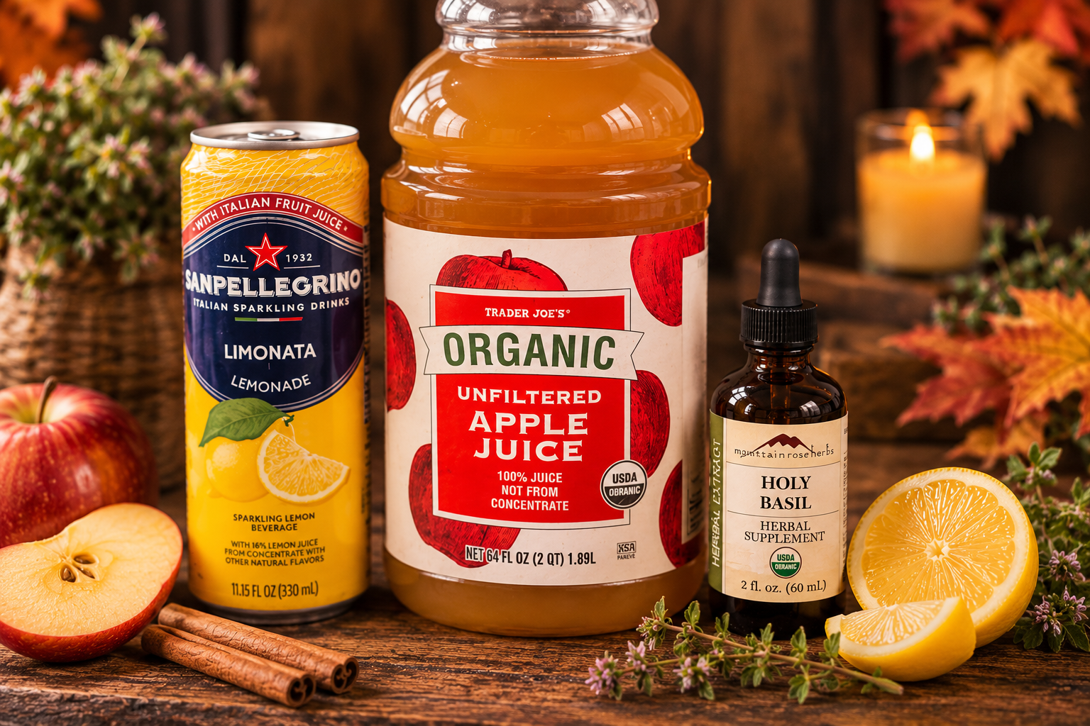 Ingredients for a fall hydration elixir featuring holy basil tincture, Trader Joe’s organic unfiltered apple juice, Sanpellegrino Limonata, fresh apples, and lemons.