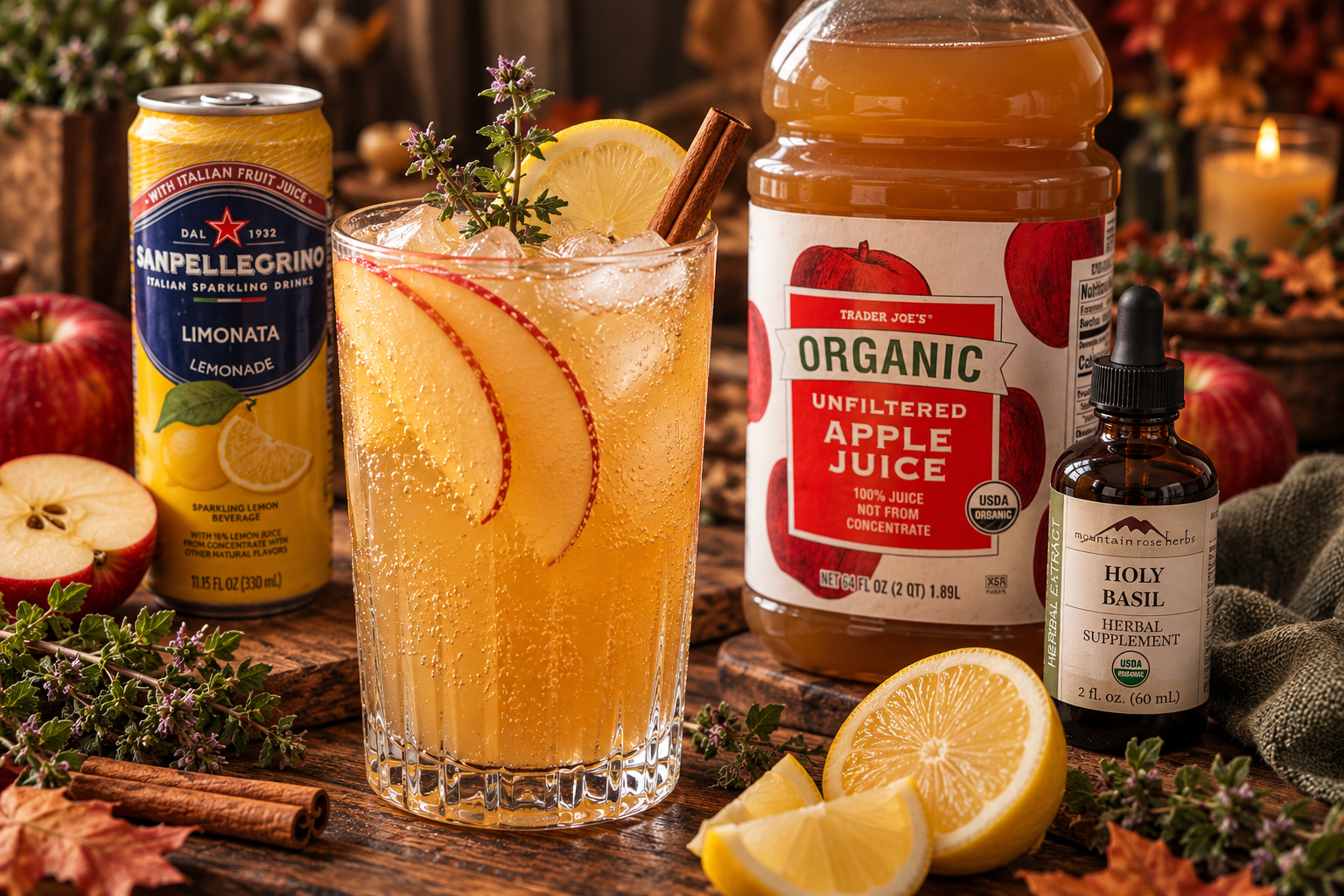 Fall hydration elixir with apple juice, lemon sparkling water, ice, fresh apple slices, and a cinnamon stick in a 16 oz glass.